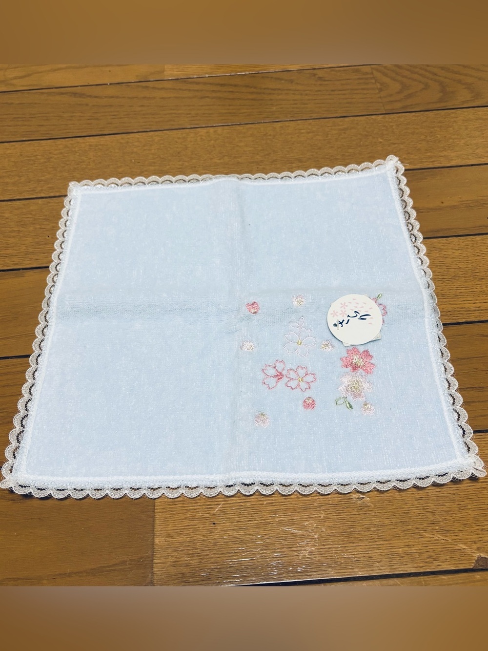 Light Blue w/ Pink Flowers Embroidered Lace border Pocket Hand Towel 27cm/11”